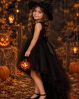 Rochie Halloween de vrăjitoare cu trena din tul negru + pălărie pentru fete – Raven