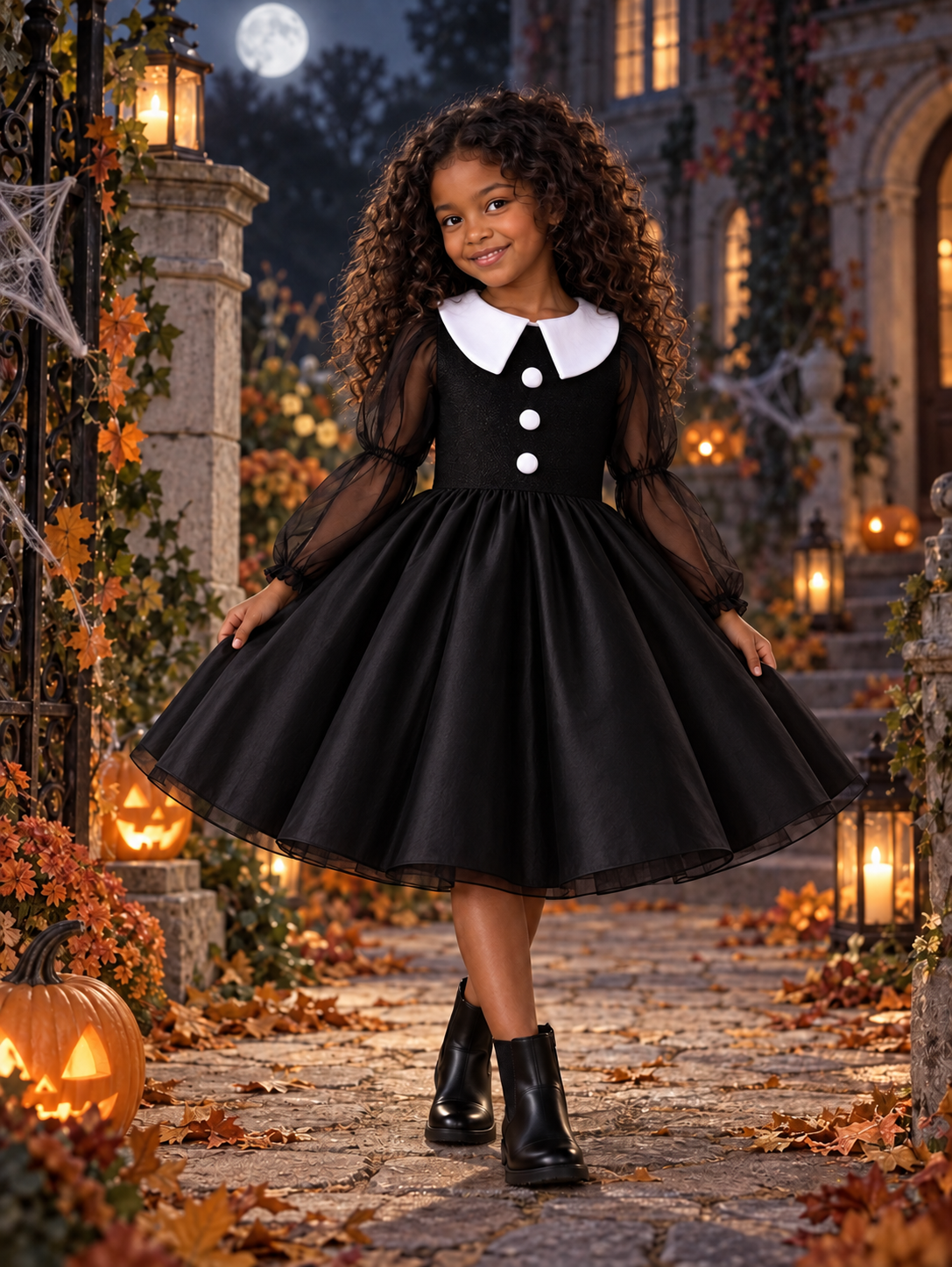 Rochie Halloween neagră cu guler alb și mâneci din tul pentru fete – Ophelia