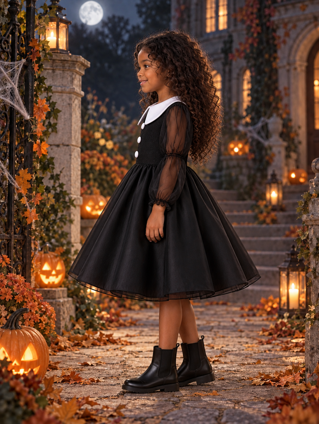 Rochie Halloween neagră cu guler alb și mâneci din tul pentru fete – Ophelia