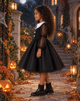 Rochie Halloween neagră cu guler alb și mâneci din tul pentru fete – Ophelia