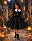 Rochie Halloween neagră cu guler alb și mâneci din tul pentru fete – Ophelia