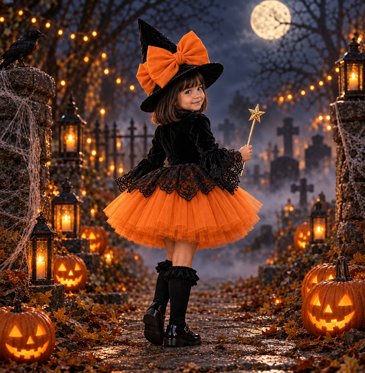 Rochie Halloween cu dantela neagra si tul portocaliu + pălărie pentru fete – Pandora