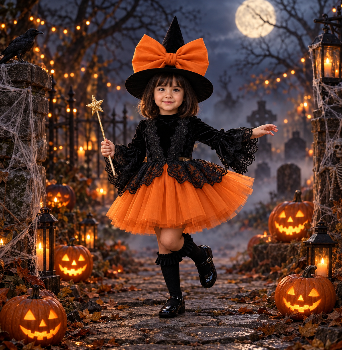 Rochie Halloween cu dantela neagra si tul portocaliu + pălărie pentru fete – Pandora