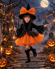Rochie Halloween cu dantela neagra si tul portocaliu + pălărie pentru fete – Pandora