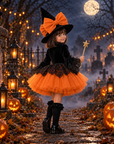 Rochie Halloween cu dantela neagra si tul portocaliu + pălărie pentru fete – Pandora