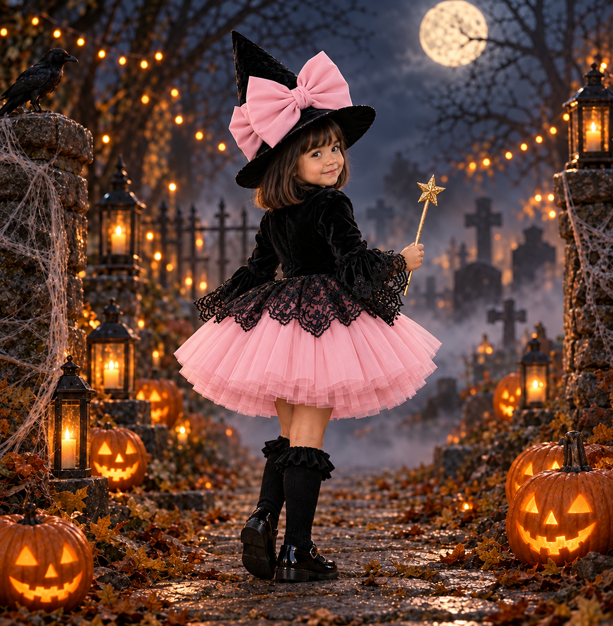 Rochie Halloween cu dantela neagra si tul portocaliu + pălărie pentru fete – Pandora