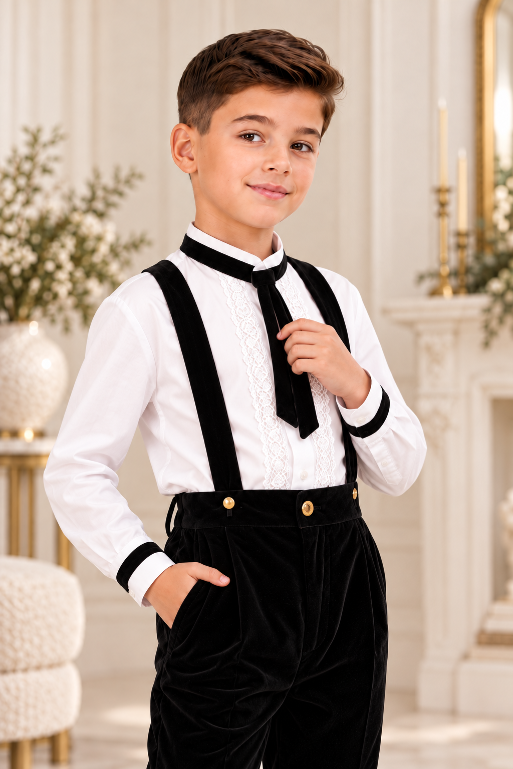 Costum elegant cu pantalon din catifea verde și cămașă cu dantelă brodată pentru băieți - Peter