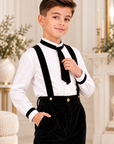 Costum elegant cu pantalon din catifea verde și cămașă cu dantelă brodată pentru băieți - Peter