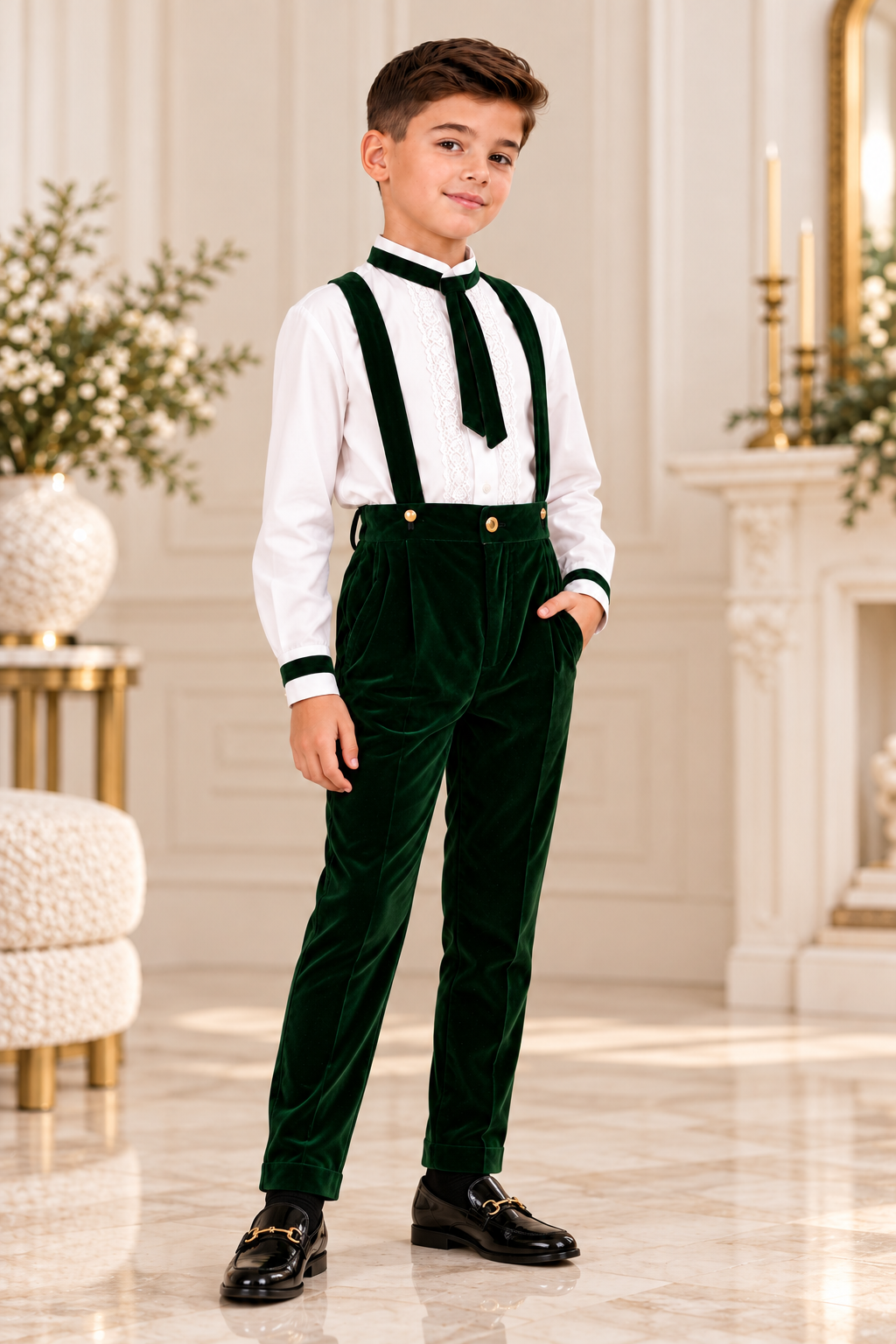 Ținute asortate pentru fată și băiat, rochie și costum din catifea verde - Jad