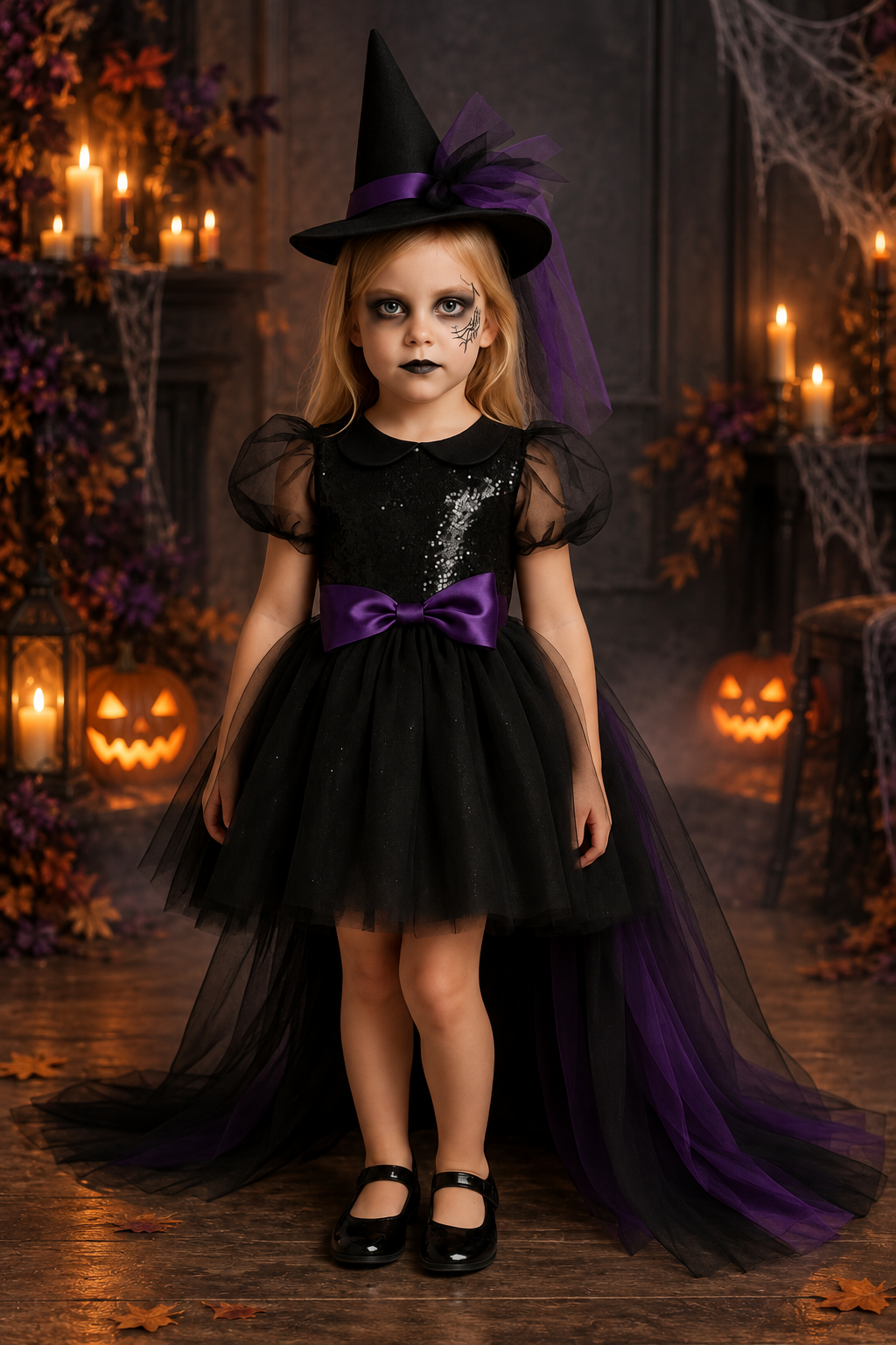 Rochie Halloween de vrăjitoare cu trena din tul negru si mov + pălărie pentru fete – Raven