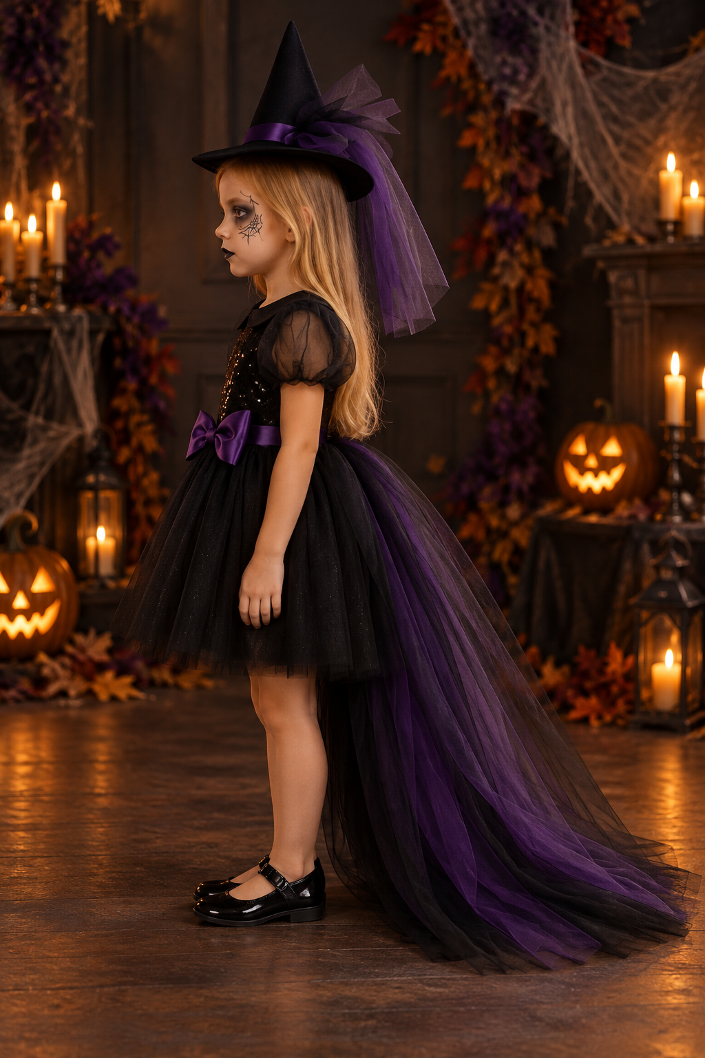 Rochie Halloween de vrăjitoare cu trena din tul negru si mov + pălărie pentru fete – Raven