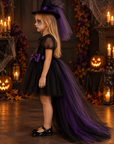 Rochie Halloween de vrăjitoare cu trena din tul negru si mov + pălărie pentru fete – Raven