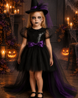 Rochie Halloween de vrăjitoare cu trena din tul negru si mov + pălărie pentru fete – Raven