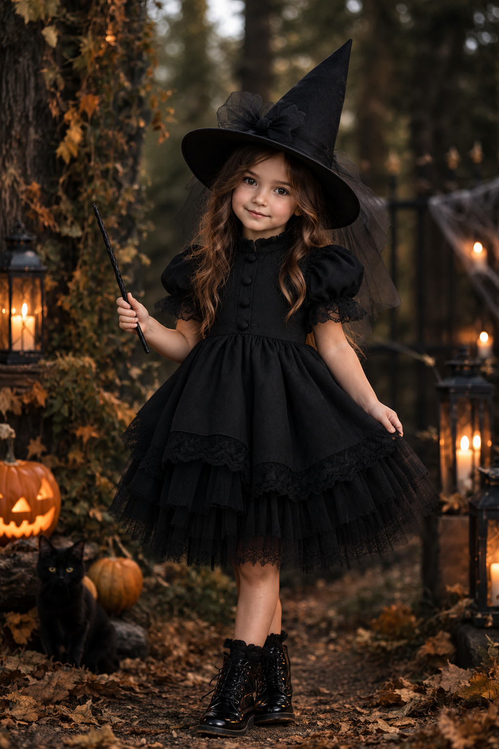 Rochie Halloween neagra accesorizata cu dantela + pălărie pentru fete – Salem
