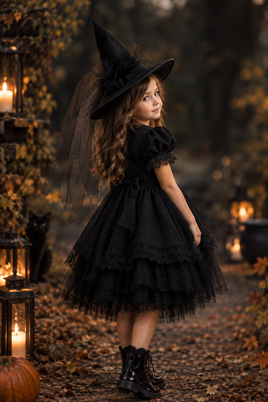 Rochie Halloween neagra accesorizata cu dantela + pălărie pentru fete – Salem