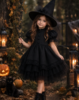 Rochie Halloween neagra accesorizata cu dantela + pălărie pentru fete – Salem