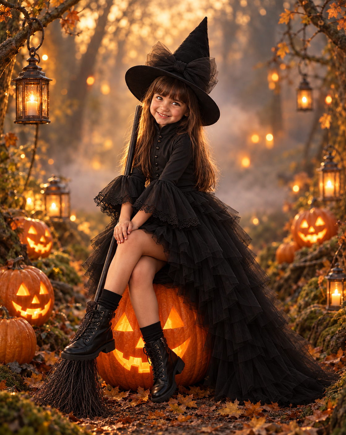 Rochie Halloween mov cu trena din tul pentru fete + palarie - Sasha