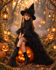 Rochie Halloween mov cu trena din tul pentru fete + palarie - Sasha