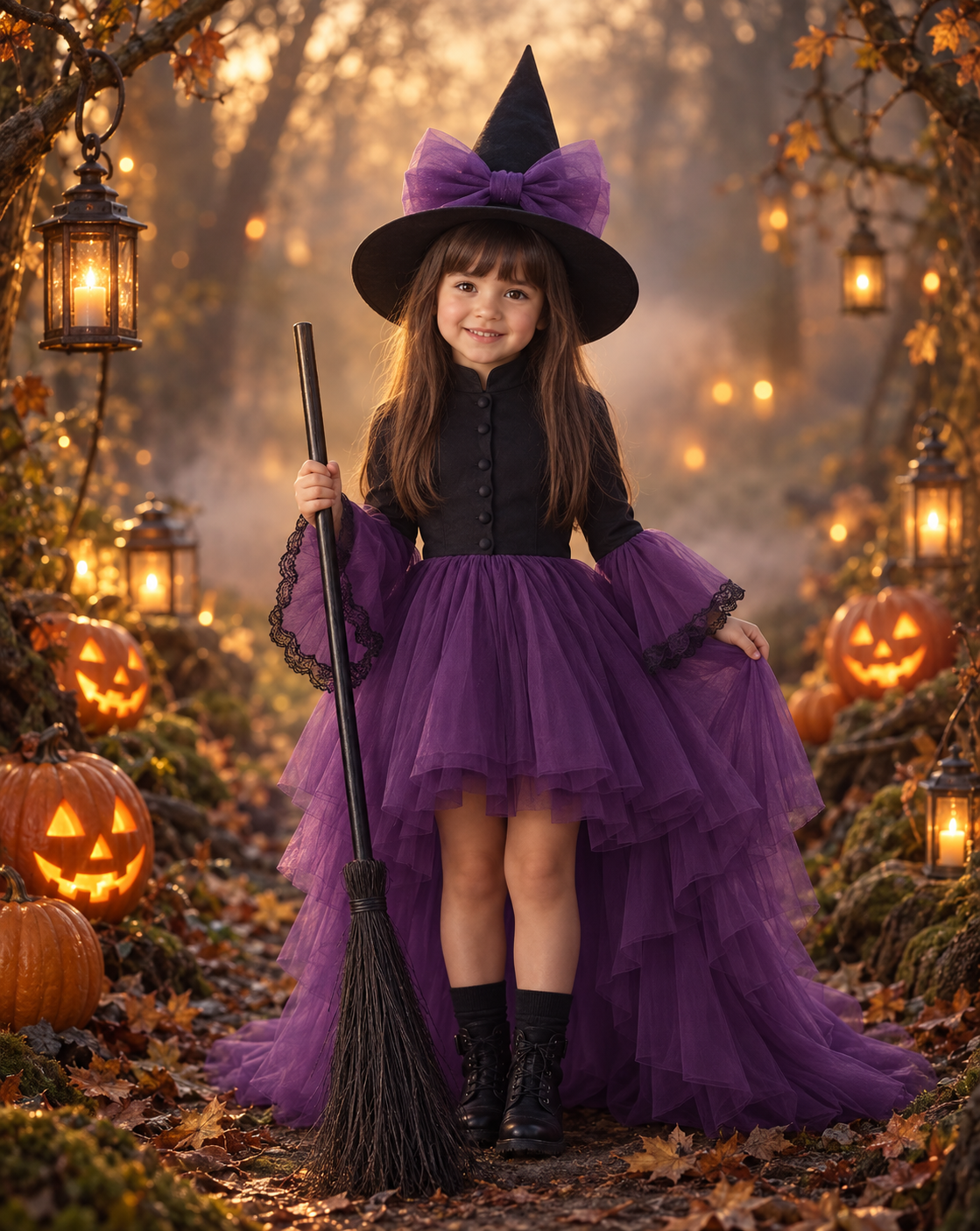 Rochie Halloween mov cu trena din tul pentru fete + palarie - Sasha