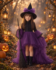 Rochie Halloween mov cu trena din tul pentru fete + palarie - Sasha