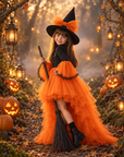 Rochie Halloween mov cu trena din tul pentru fete + palarie - Sasha