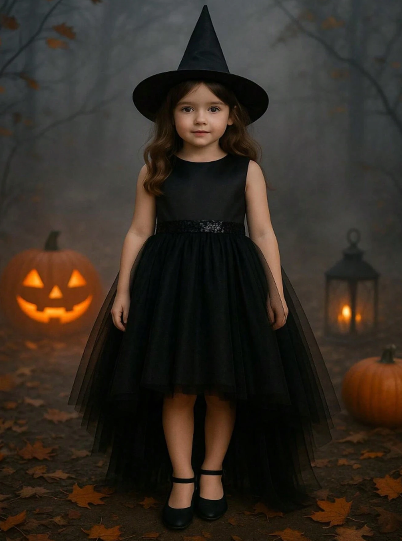 Rochie neagra cu trena Halloween Party + PALARIE CADOU pentru fete - 06