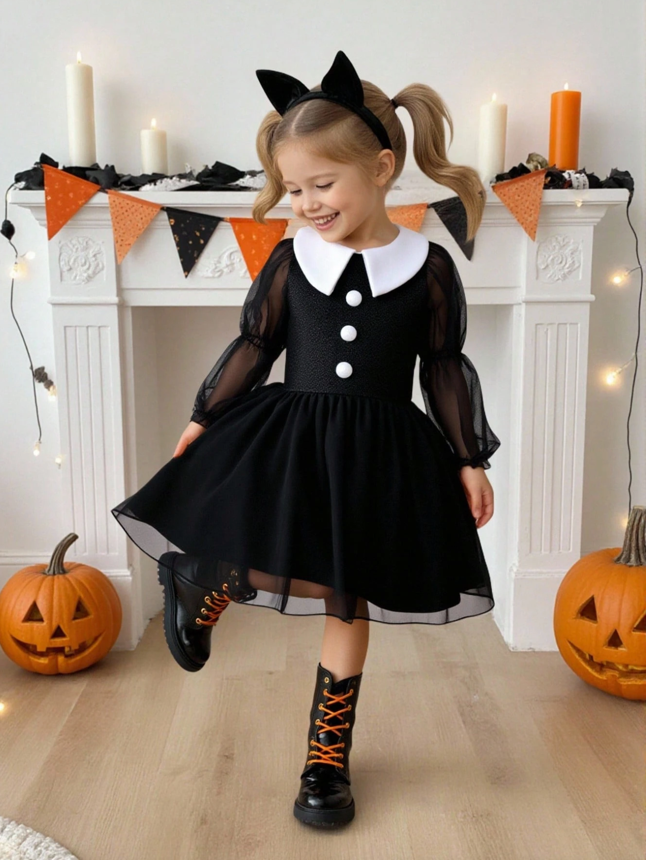 Rochie neagra din catifea si tulle Halloween Party pentru fete - 17