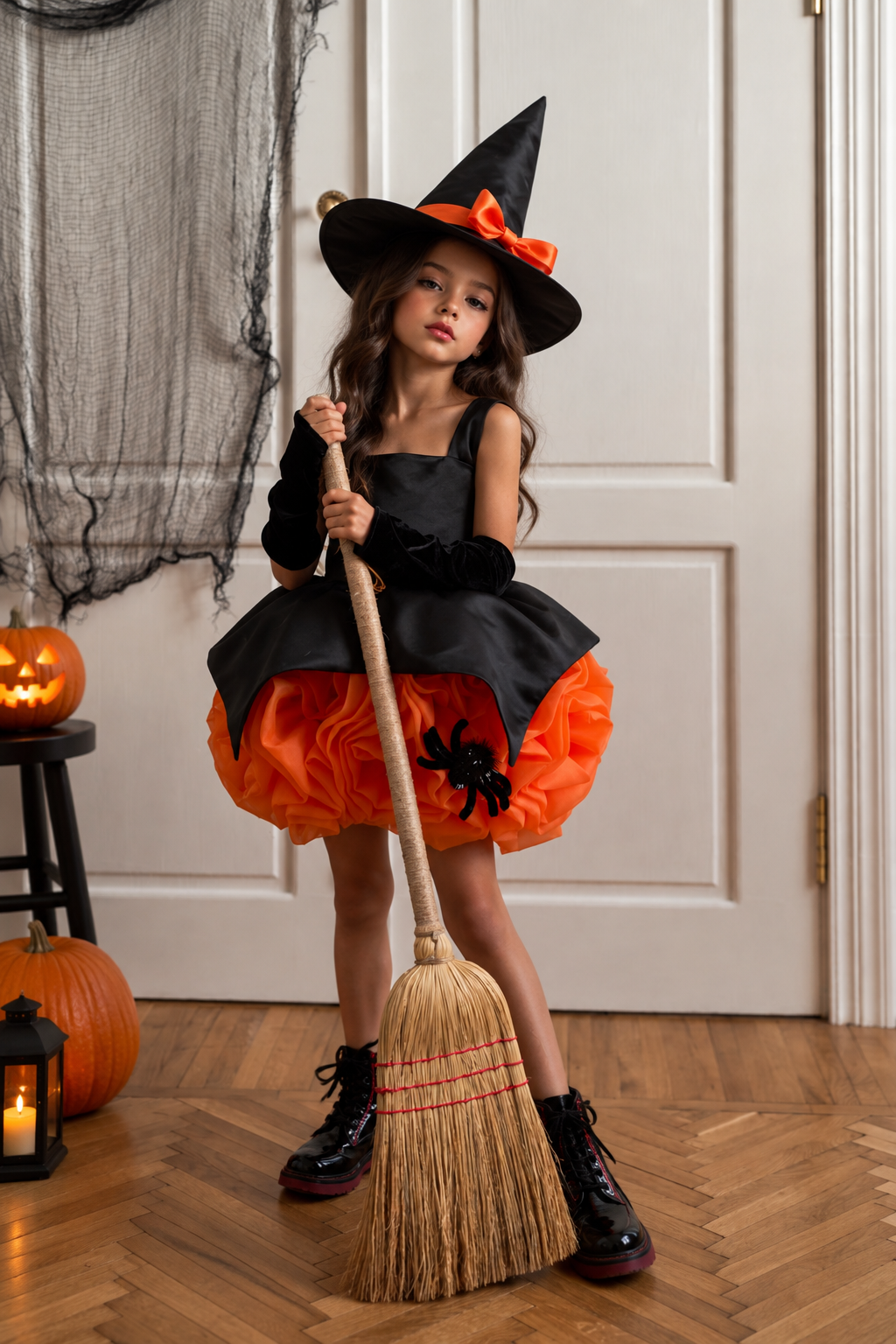 Rochie Halloween neagra cu flori portocalii handmade pentru fete + palarie - Spooky