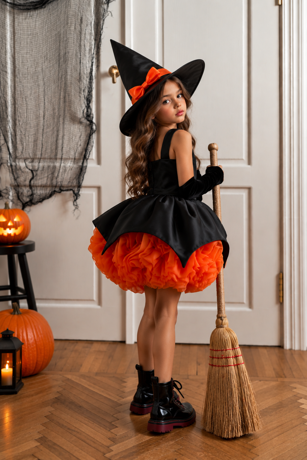 Rochie Halloween neagra cu flori portocalii handmade pentru fete + palarie - Spooky