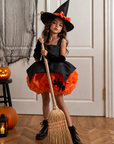 Rochie Halloween neagra cu flori portocalii handmade pentru fete + palarie - Spooky