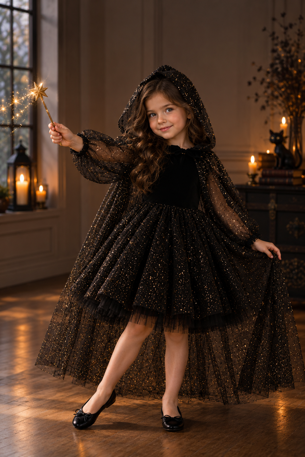 Rochie Halloween tul negru glitter auriu si pelerina detasabila - Valeria