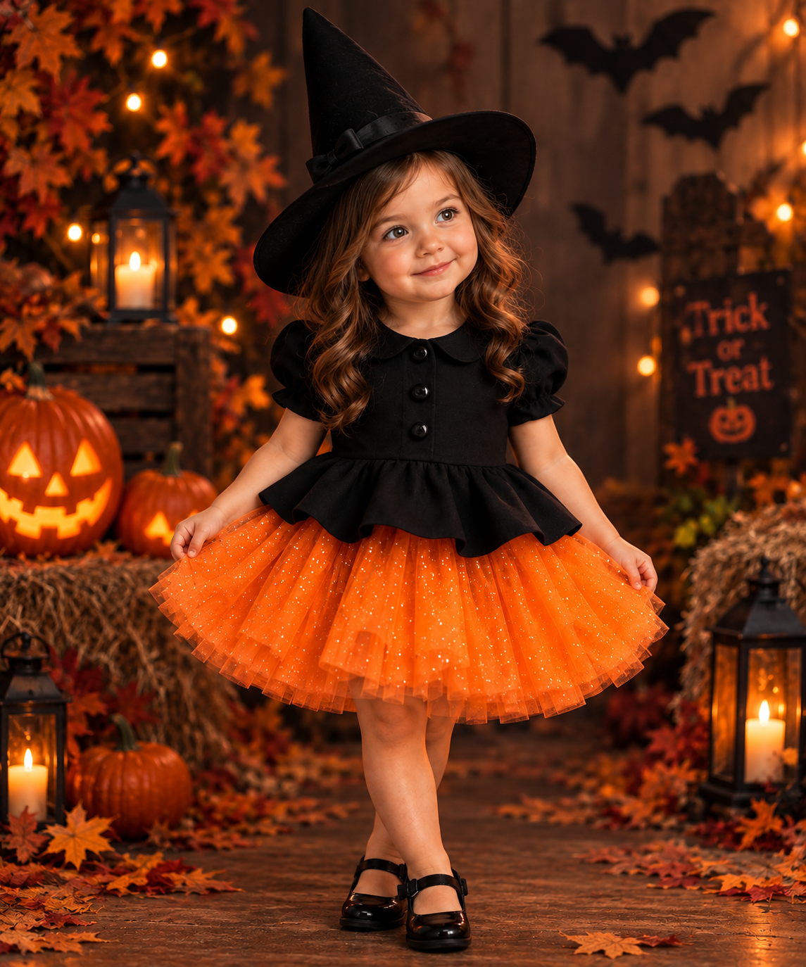 Rochie Halloween neagra si tul portocaliu glitter + pălărie pentru fete – Vesper
