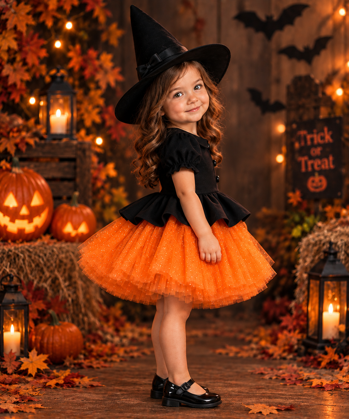 Rochie Halloween neagra si tul portocaliu glitter + pălărie pentru fete – Vesper