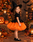 Rochie Halloween neagra si tul portocaliu glitter + pălărie pentru fete – Vesper