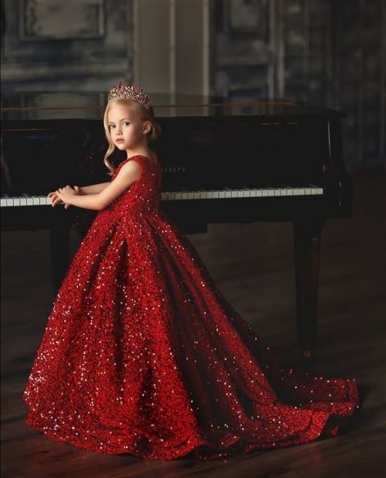 Rochie rosie lunga eleganta cu trena din paiete pentru fete - Chloe