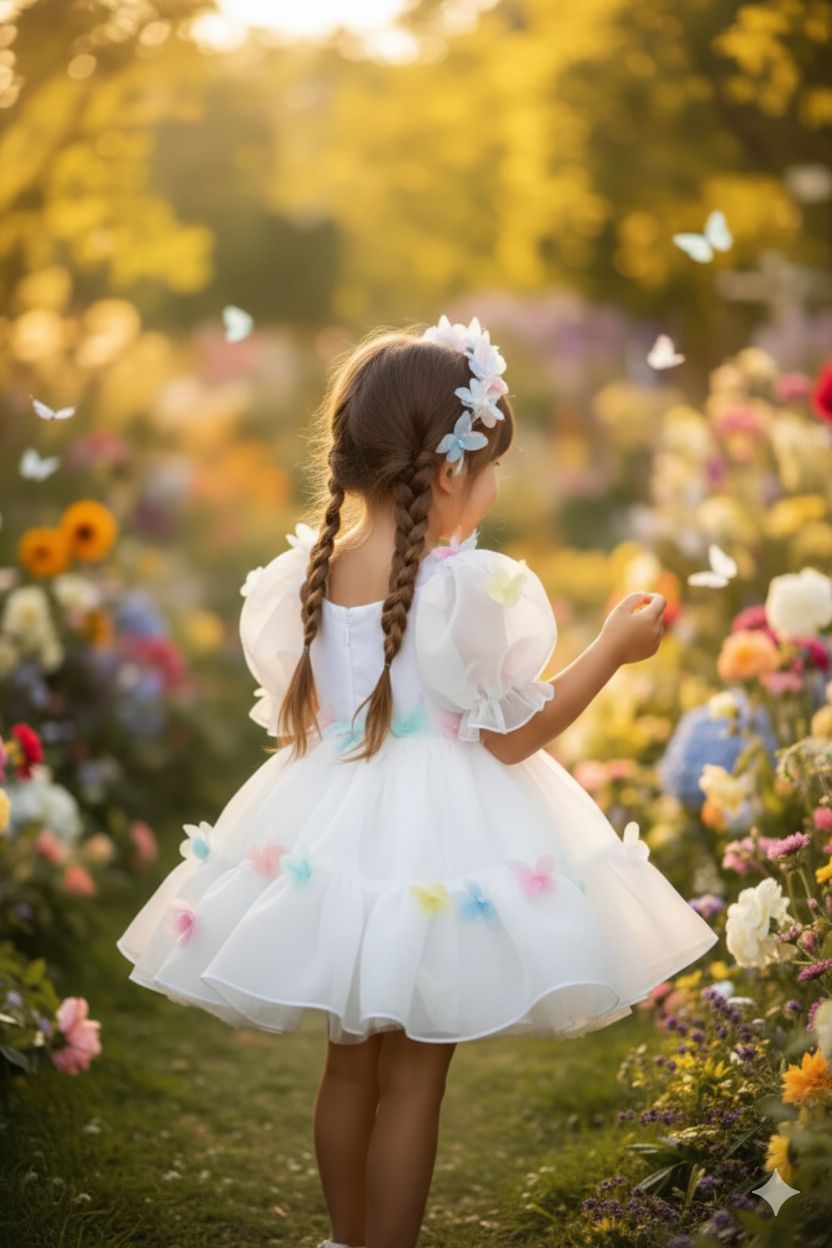 Rochie alba eleganta accesorizata cu fluturi 3D colorati pentru fete - Kelly
