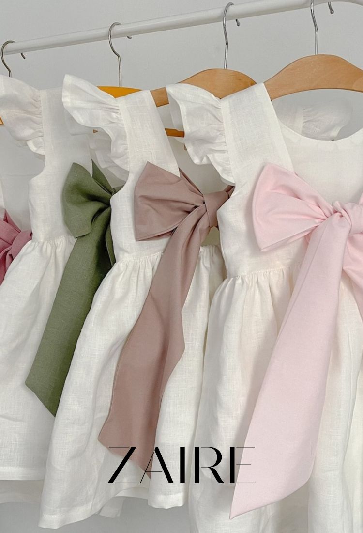 Rochie alba cu funda colorata din in pentru fete - Summer