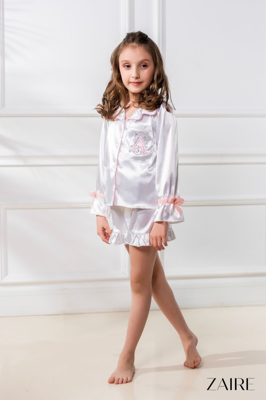 Pijama alba de vara din satin pentru fete - Personalizare Broderie