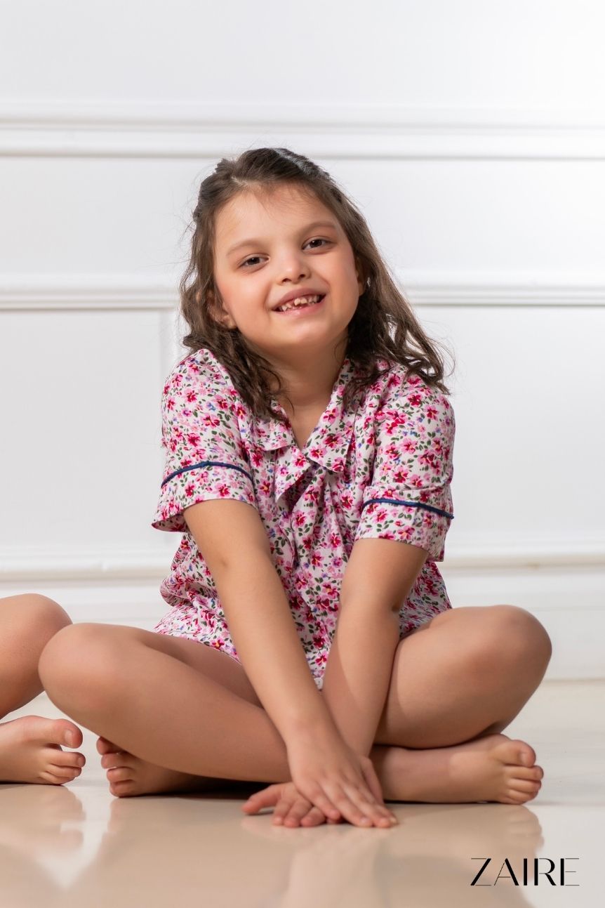 Pijama de vara cu imprimeu floral, pentru Fete - Personalizare Broderie