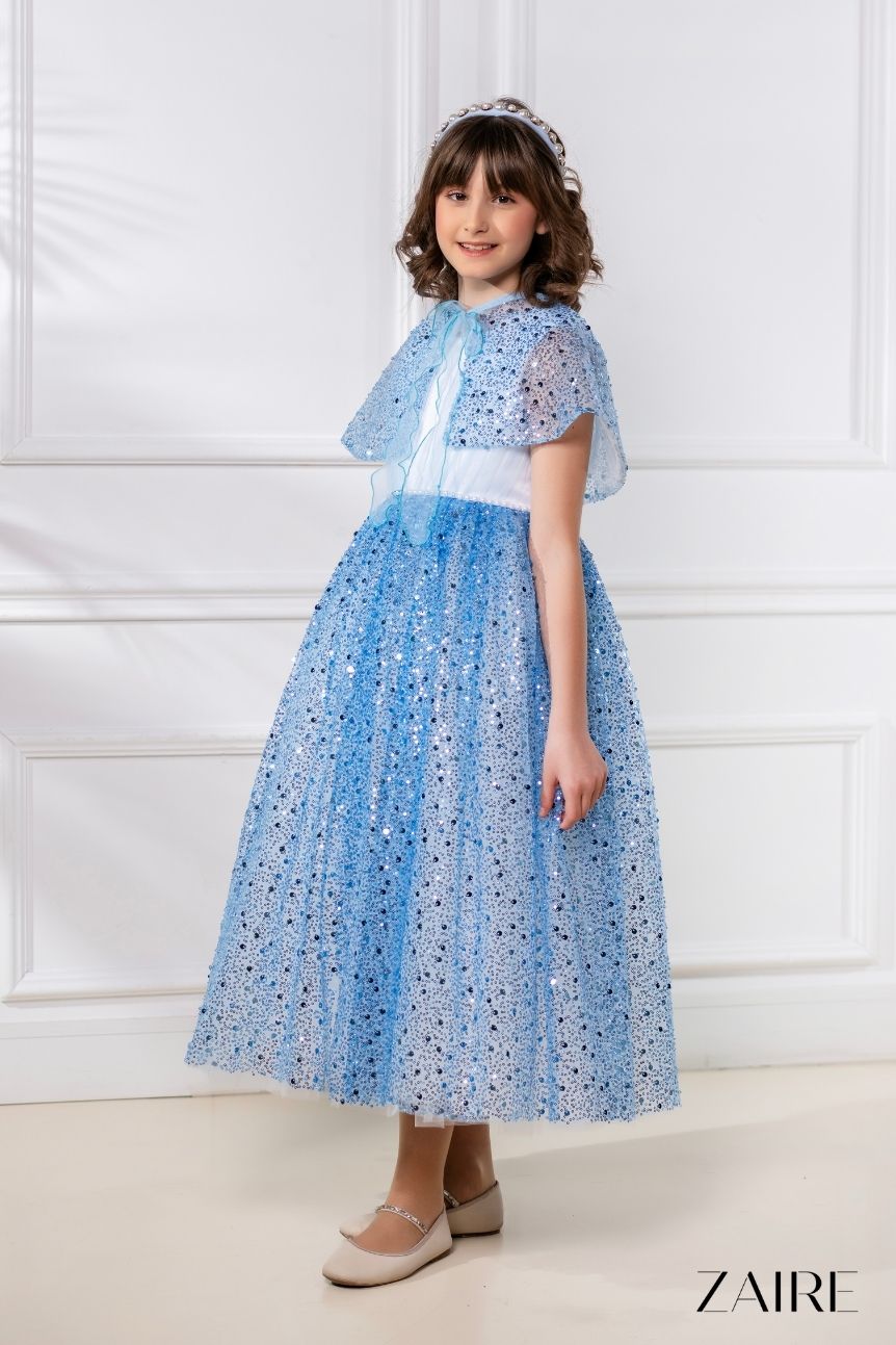 Rochie bleu eleganta din dantela cu perle si tulle alb pentru fete - Elsa