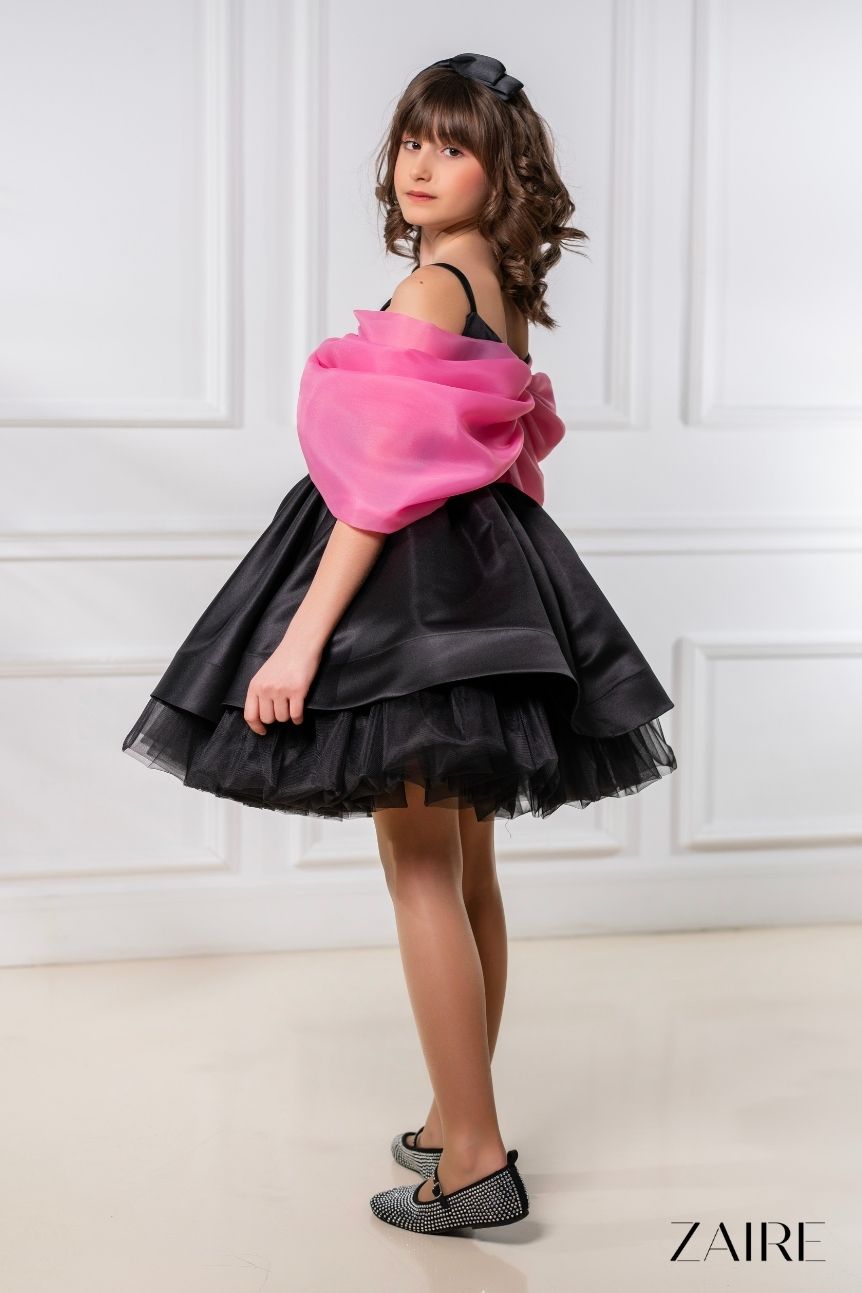 Rochie Neagra Eleganta fete cu funda roz - Lorelai