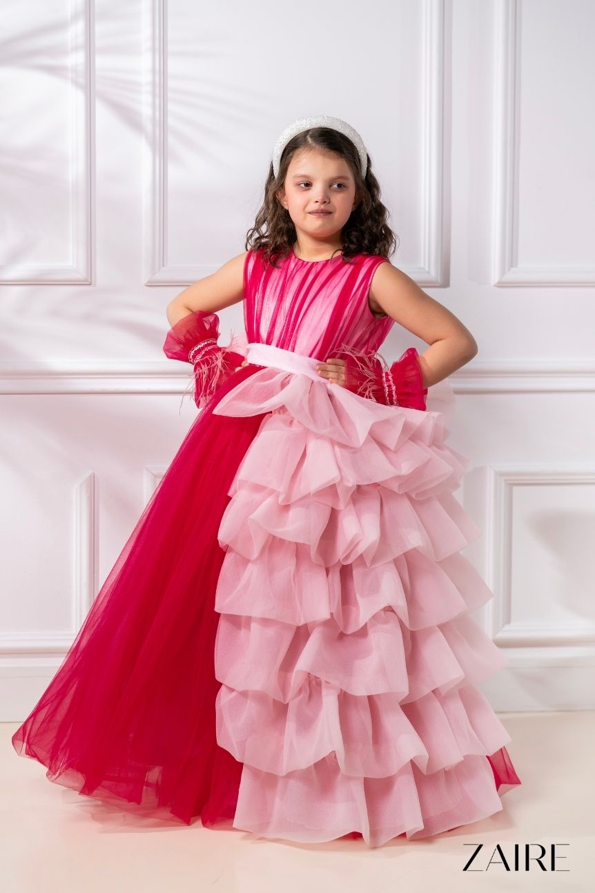 Rochie roz lunga eleganta cu volane pentru fete - Amina