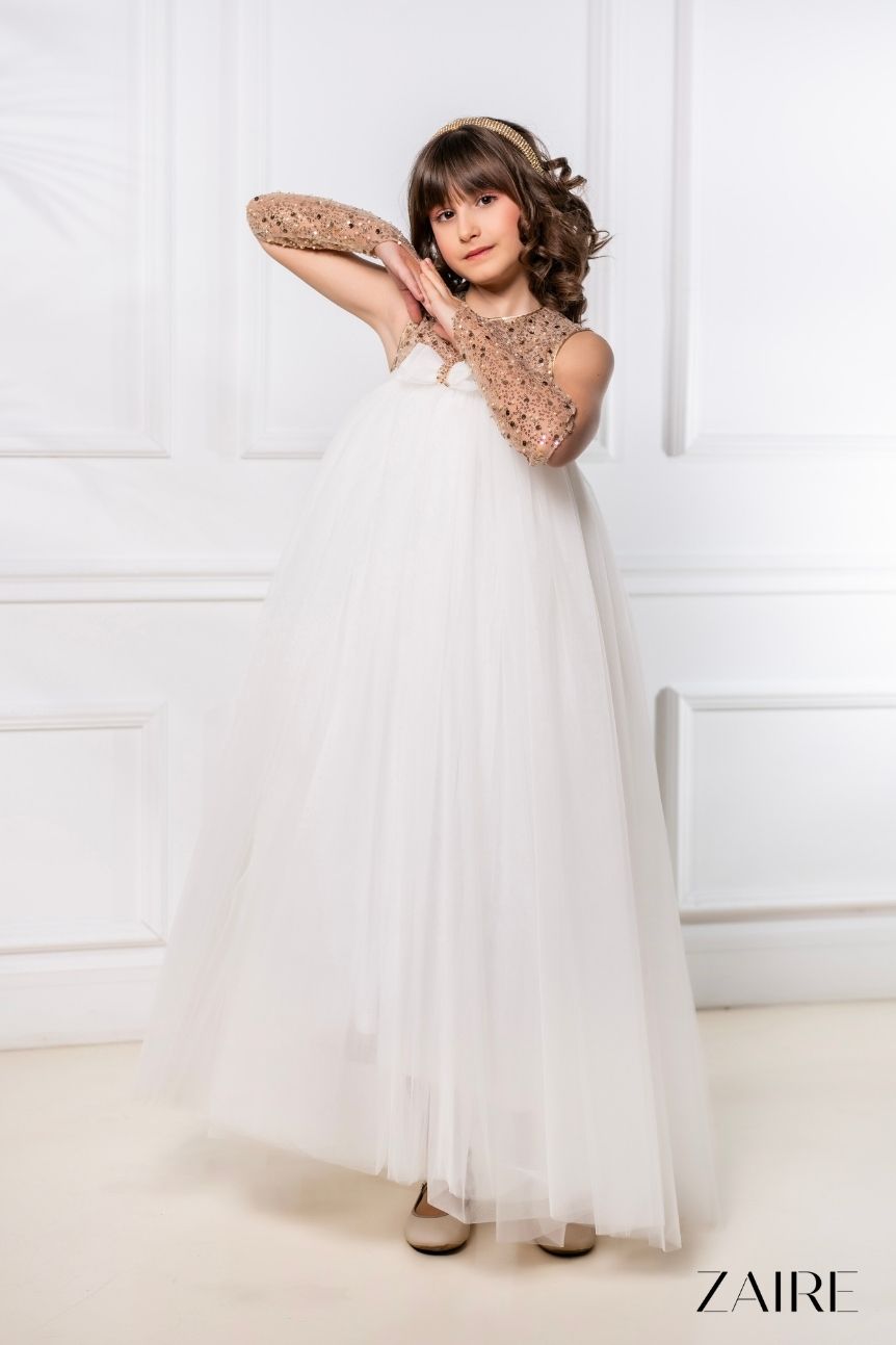 Rochie alba lunga eleganta cu dantela aurie pentru fete ( 9 ani)
