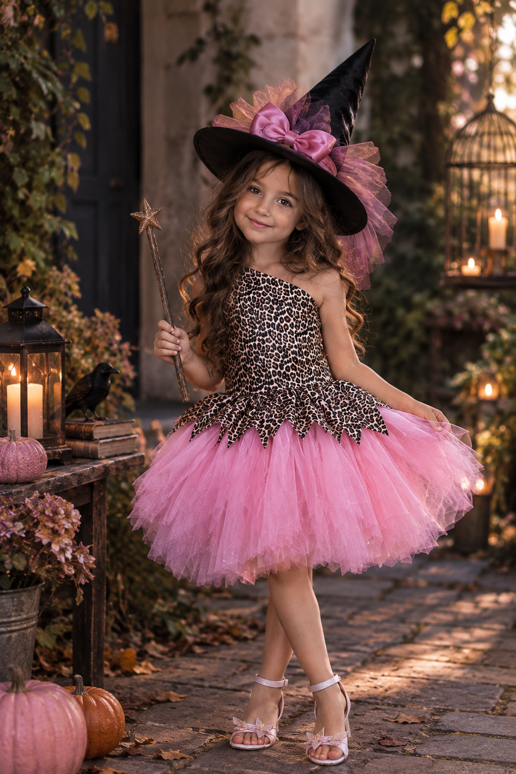 Rochie Halloween animal print si tul roz + palarie pentru fete - Zelda