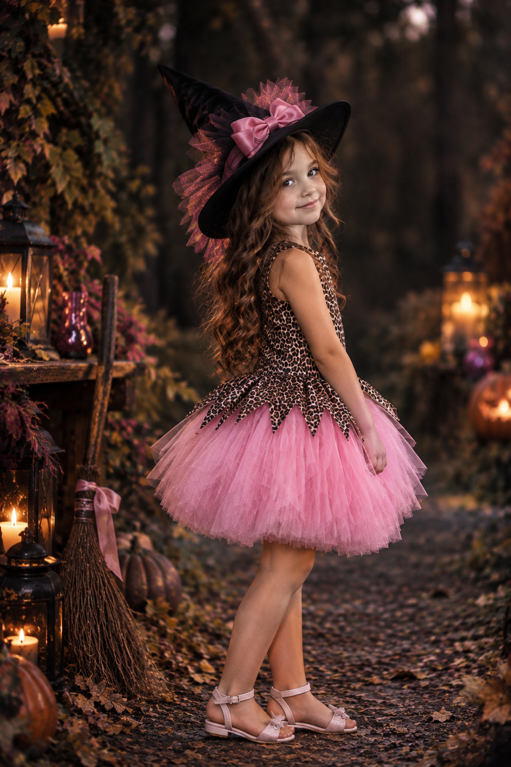Rochie Halloween animal print si tul roz + palarie pentru fete - Zelda