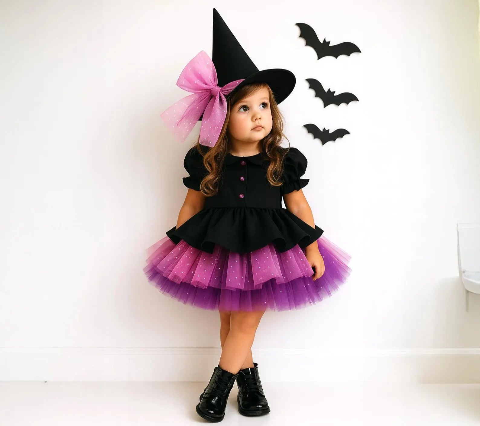 Rochie neagra si tulle roz glitter Halloween Party + PALARIE CADOU pentru fete - 04