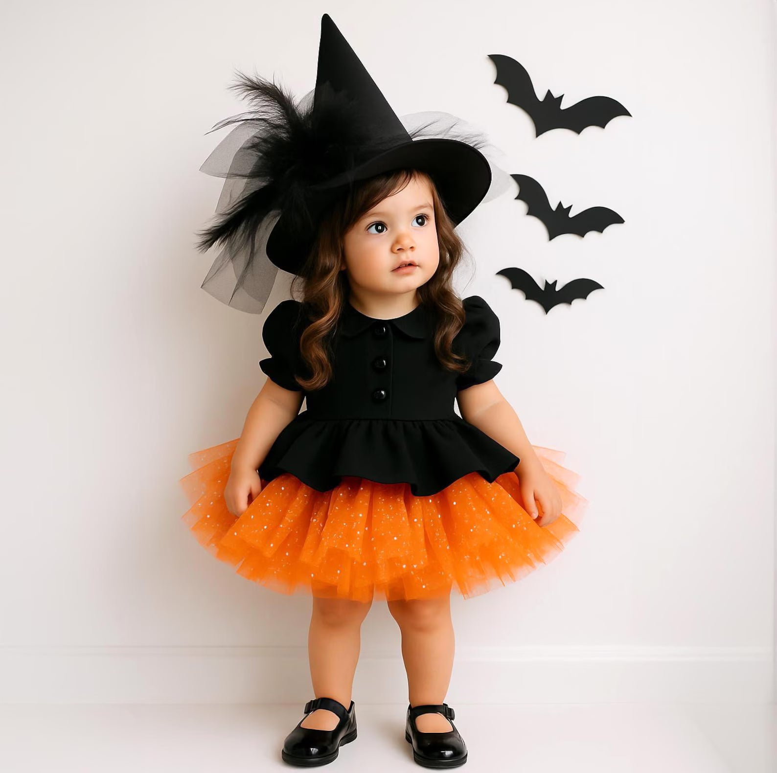 Rochie neagra si tulle portocaliu glitter Halloween Party + PALARIE CADOU pentru fete - 05