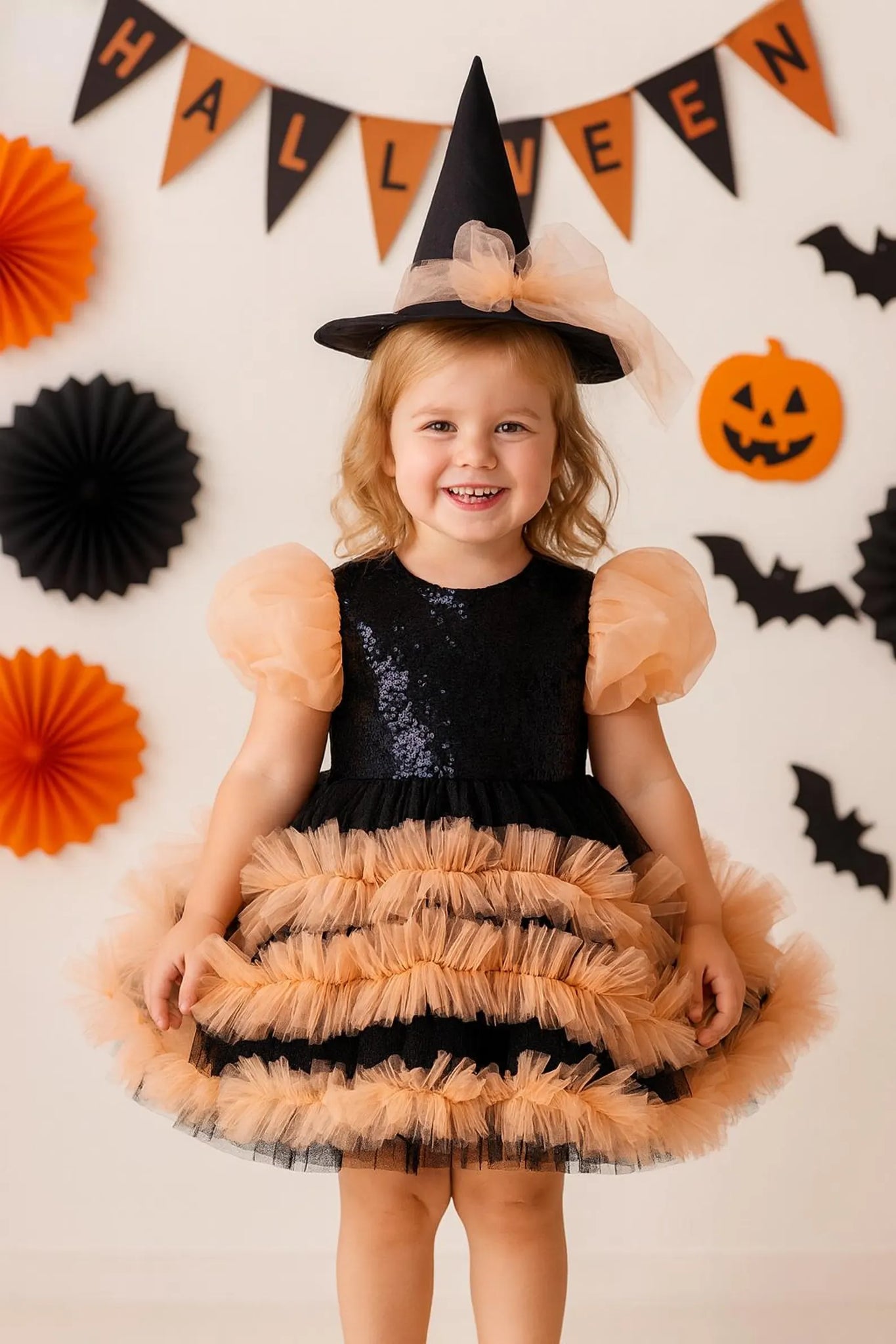 Rochie neagru si portocaliu Halloween Party + PALARIE CADOU pentru fete - 09