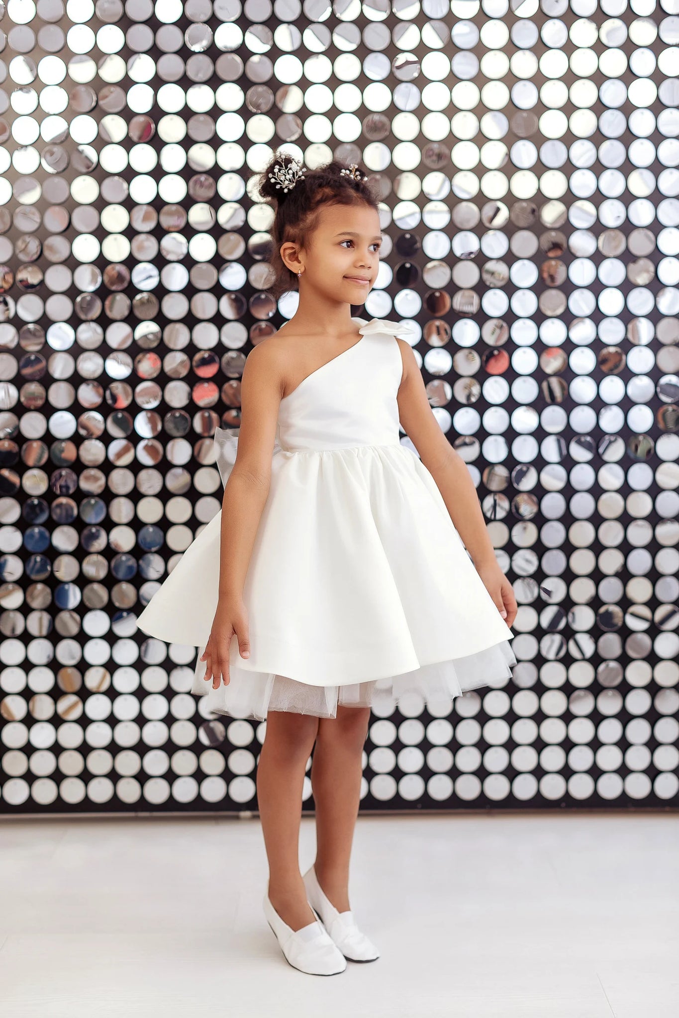 Rochie alba eleganta din tafta si tulle pentru fete - Nina