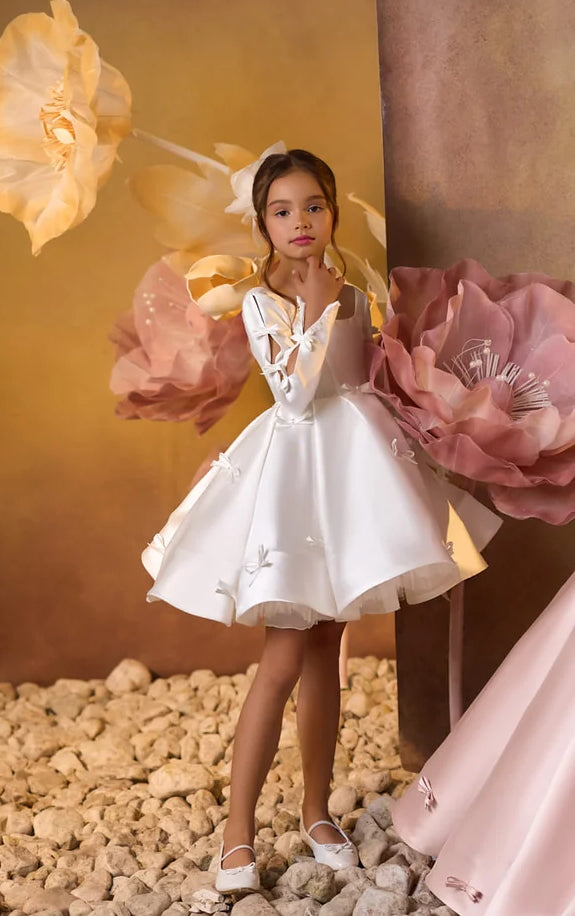 Rochie alba eleganta cu fundite din tafta pentru fete - Carolina